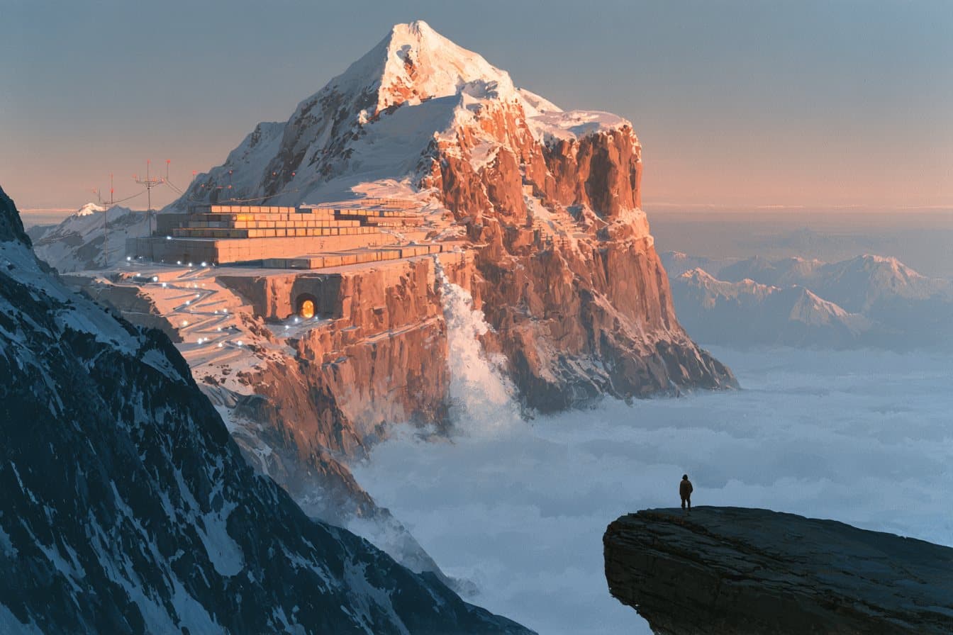 A terraced power installation on a mountainside above a sea of cloud