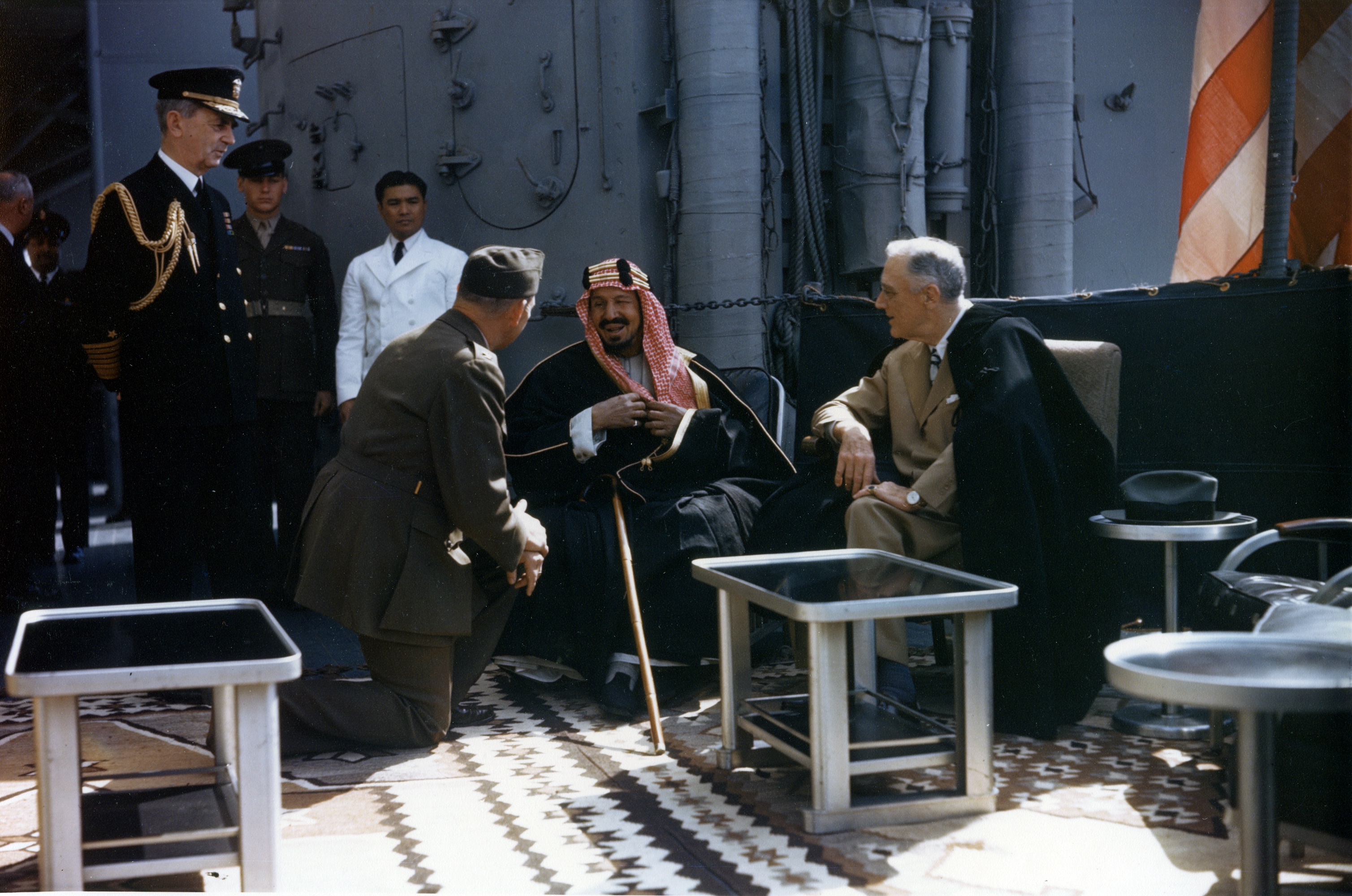Franklin D. Roosevelt aboard USS Quincy with King Abdulaziz (Ibn Saud) of Saudi Arabia in the Great Bitter Lake, Egypt, 14 February 1945.