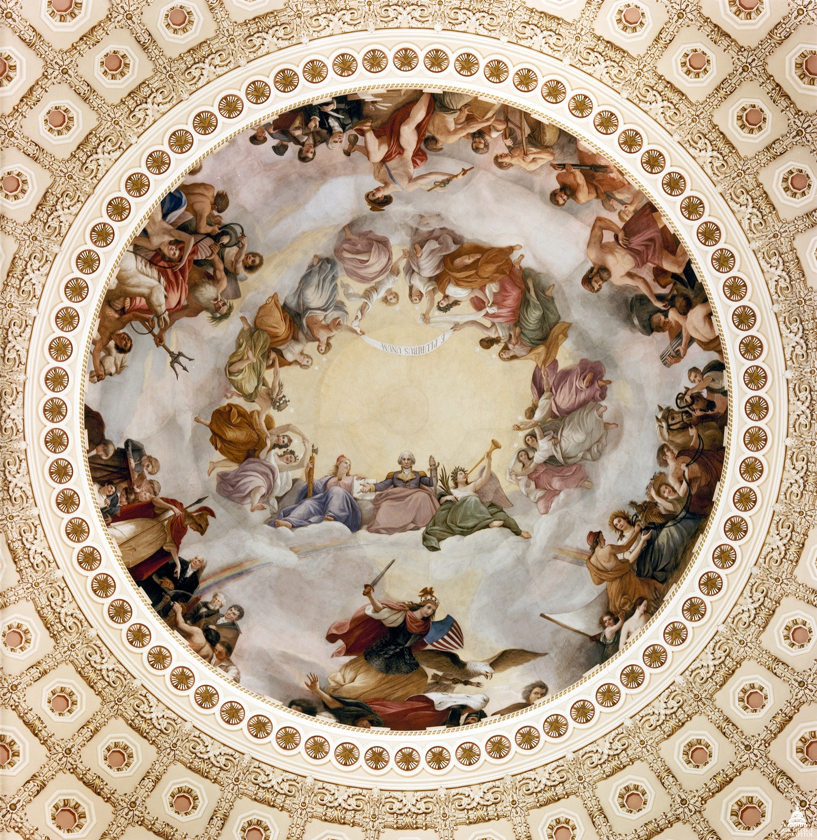 Constantino Brumidi, 'The Apotheosis of Washington' (1865) — fresco in the eye of the United States Capitol Rotunda, depicting George Washington enthroned among allegorical figures including Vulcan at the forge, Minerva with telegraph cable, and Neptune holding the transatlantic cable.