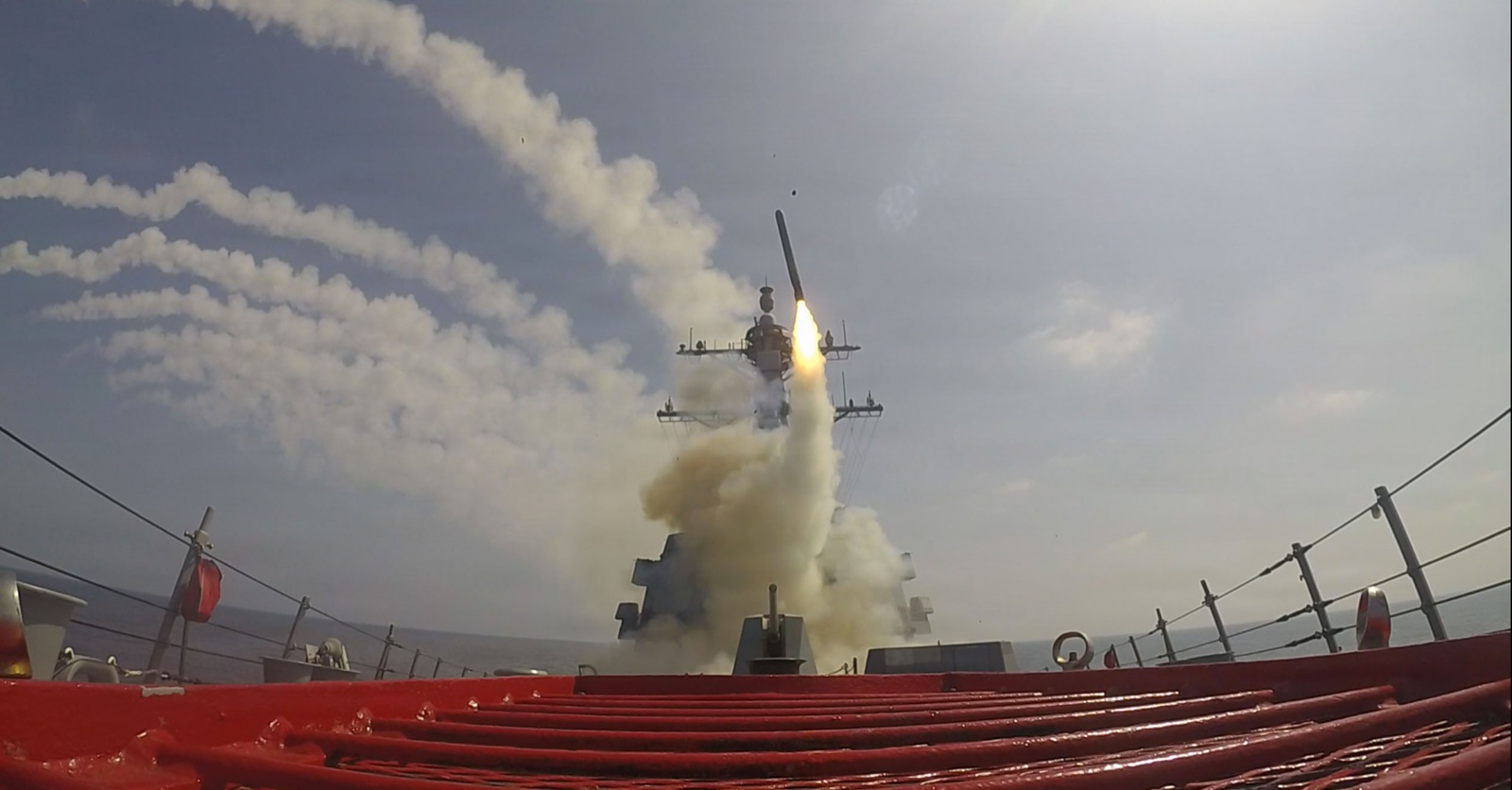 The Arleigh Burke-class guided-missile destroyer USS Frank E. Petersen Jr. firing a Tomahawk Land Attack Missile during the opening strikes of Operation Epic Fury, 28 February 2026.