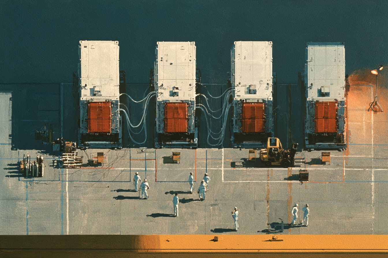 Concept painting: four machine modules on the hangar floor seen from the crane