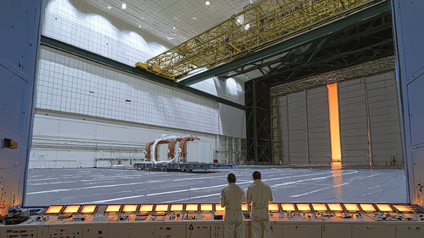 Concept painting: the white assembly bay, yellow crane overhead