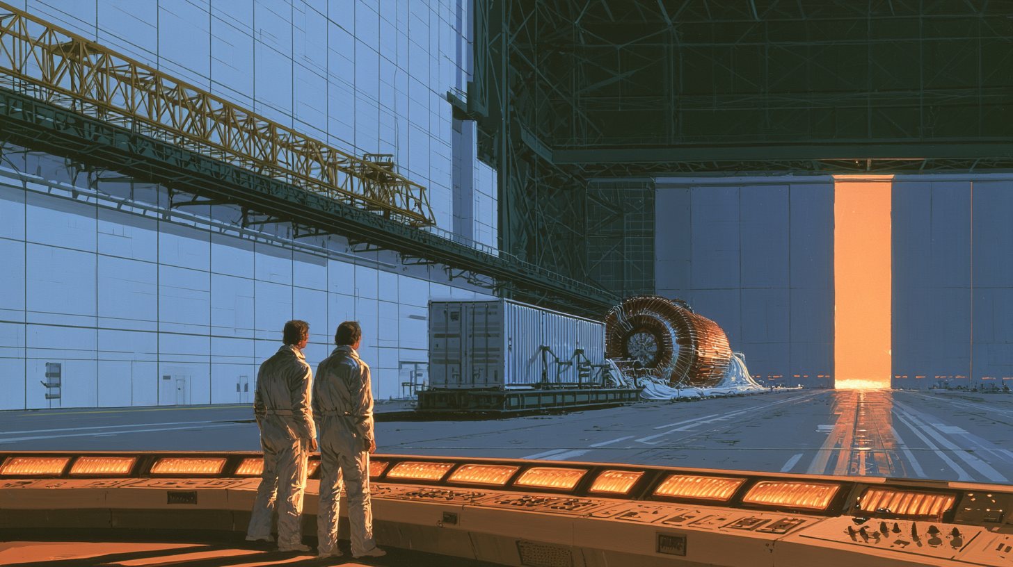 Concept painting of the reactor hall, a coil assembly on its cradle