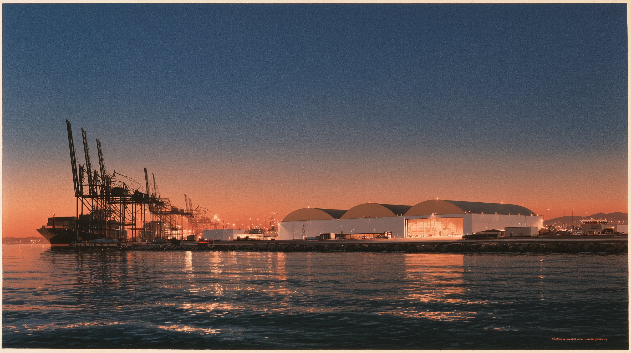 Concept painting of the Alameda hangar at dusk seen from the water, port cranes beyond