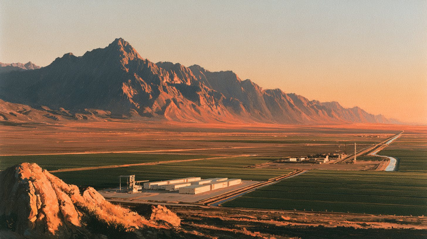 Concept painting of irrigated fields spreading from an installation at dawn