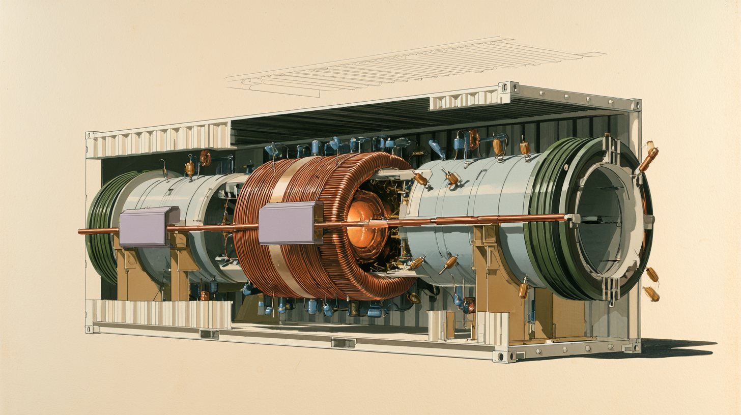 Concept cutaway painting of the machine inside its forty-foot container, coil families exposed