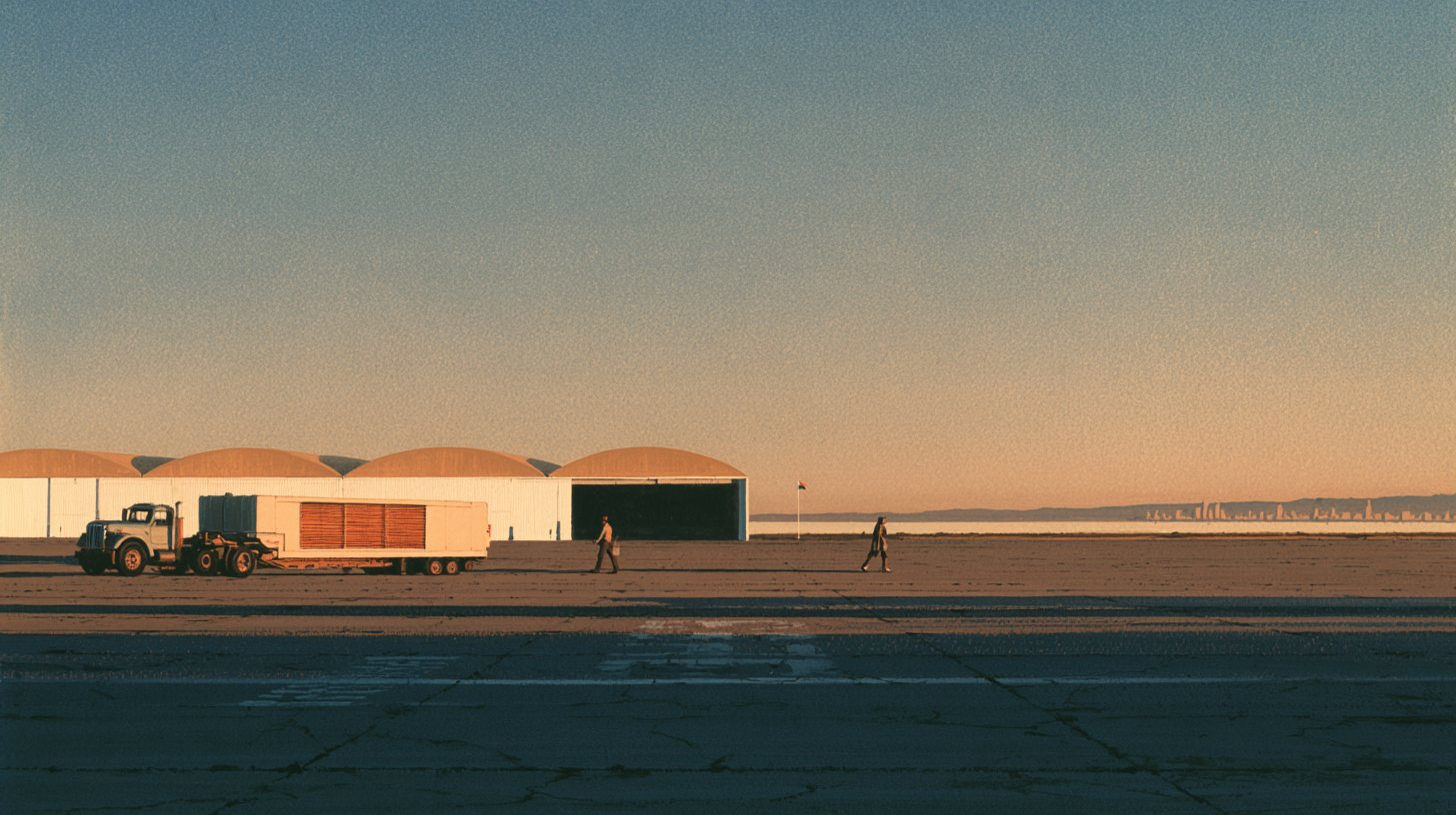 Concept painting: a module leaving the site on a low-loader at dawn