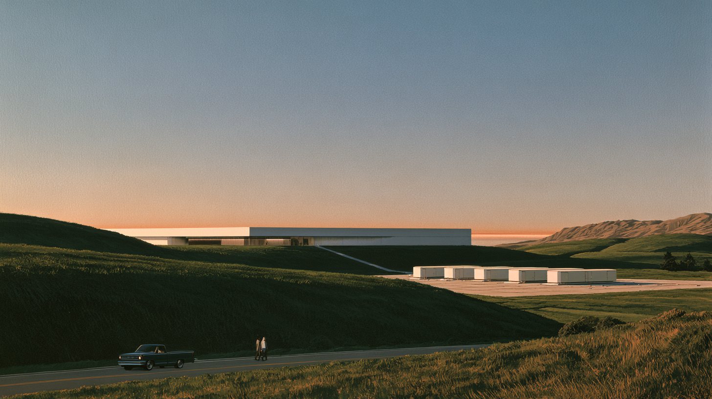 A lone Laurelin container-class fusion unit on a dark plain at dawn, warm light spilling from its door seam. Concept render.