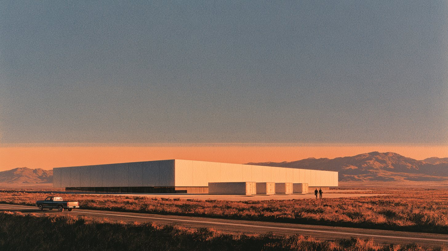 A data center in high desert beside a row of container power modules, open land beyond