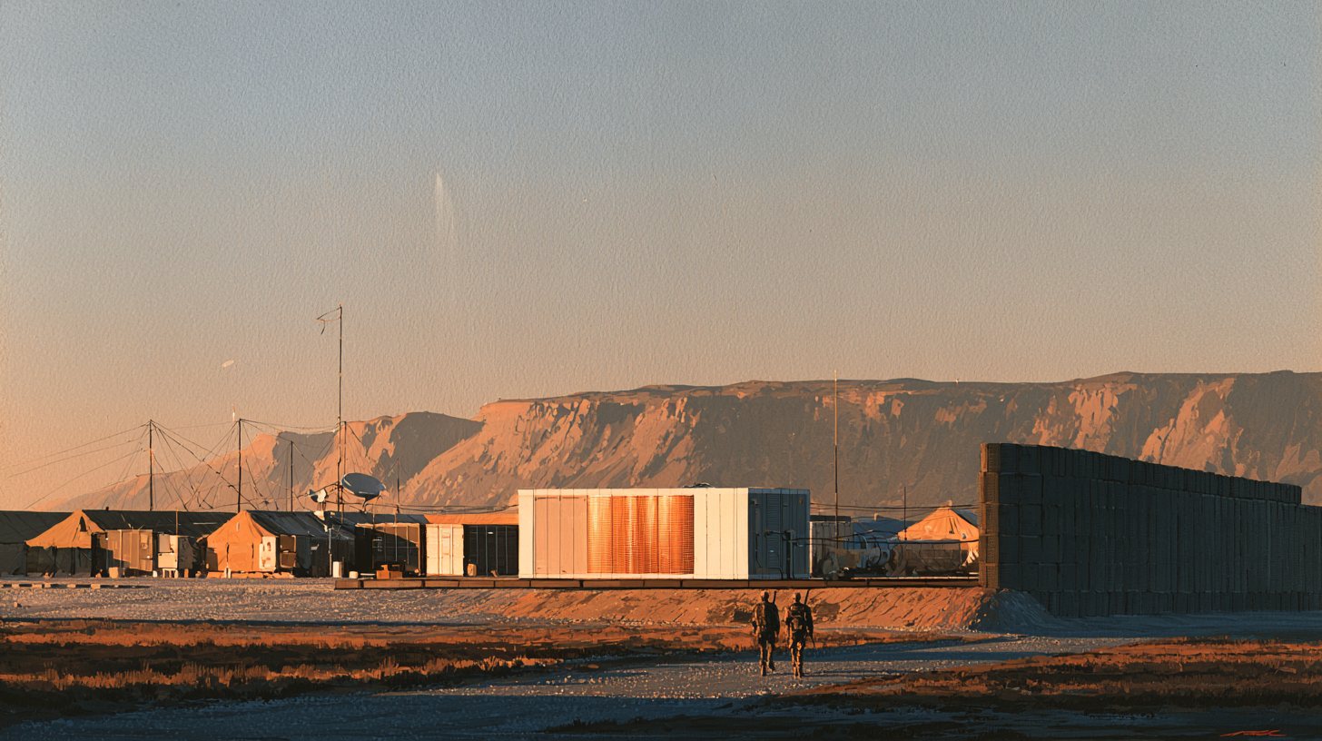 A forward operating base at dawn with a single container module powering the camp