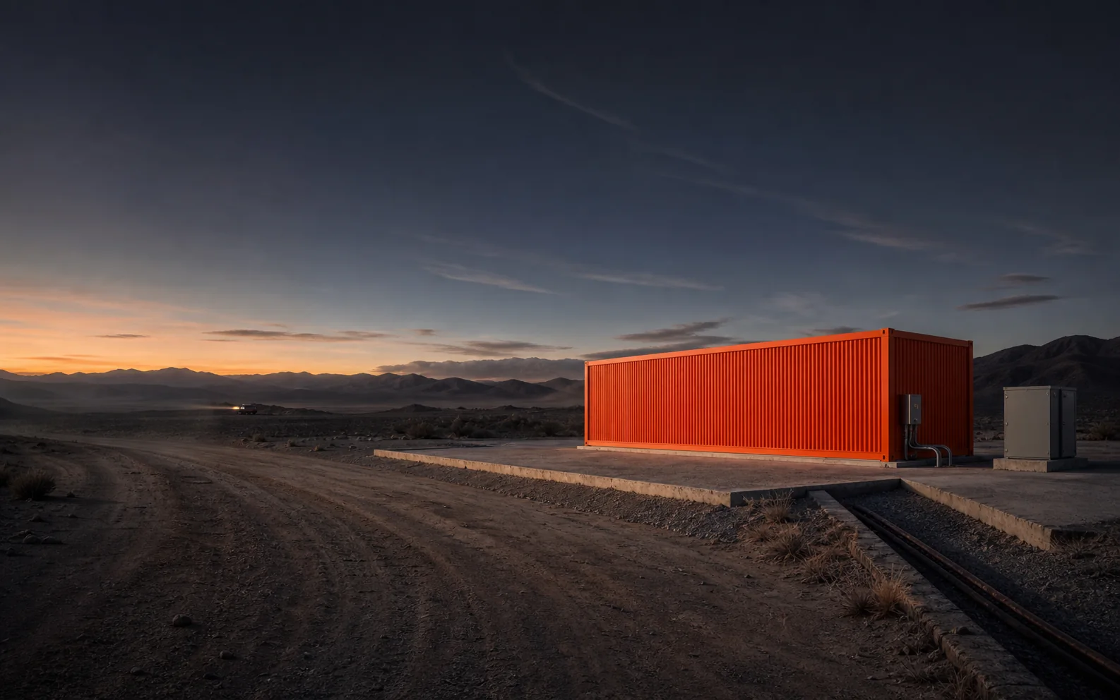 Concept visualization of a container-scale field unit on a high-desert service pad