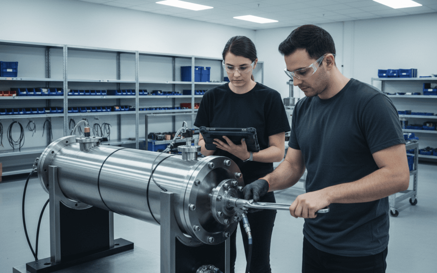 Concept visualization of two engineers working at a test bench