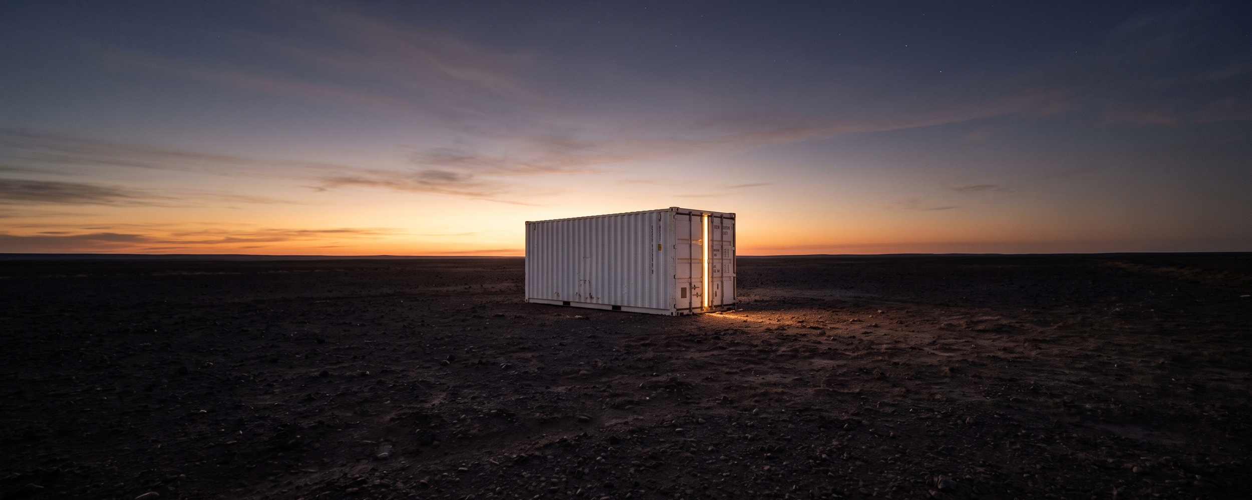A lone Laurelin container-class fusion unit on a dark plain at dawn, warm light spilling from its door seam. Concept render.